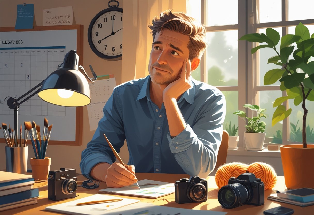 An adult sitting at a desk surrounded by hobby items like paintbrushes, a camera, and yarn, looking thoughtful and hopeful in a cozy room with natural light.