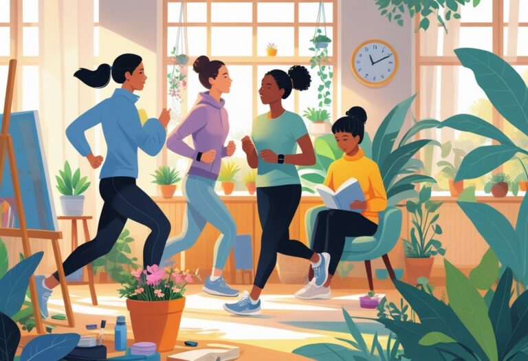 A group of people enjoying different hobbies including painting, jogging, reading, playing guitar, and gardening in a bright indoor space.