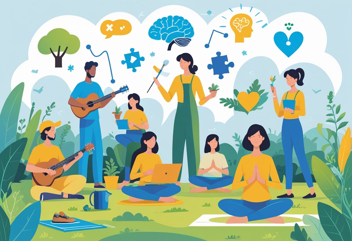 A group of people engaged in different hobbies like painting, playing music, gardening, reading, hiking, and yoga in a calm, inviting setting.