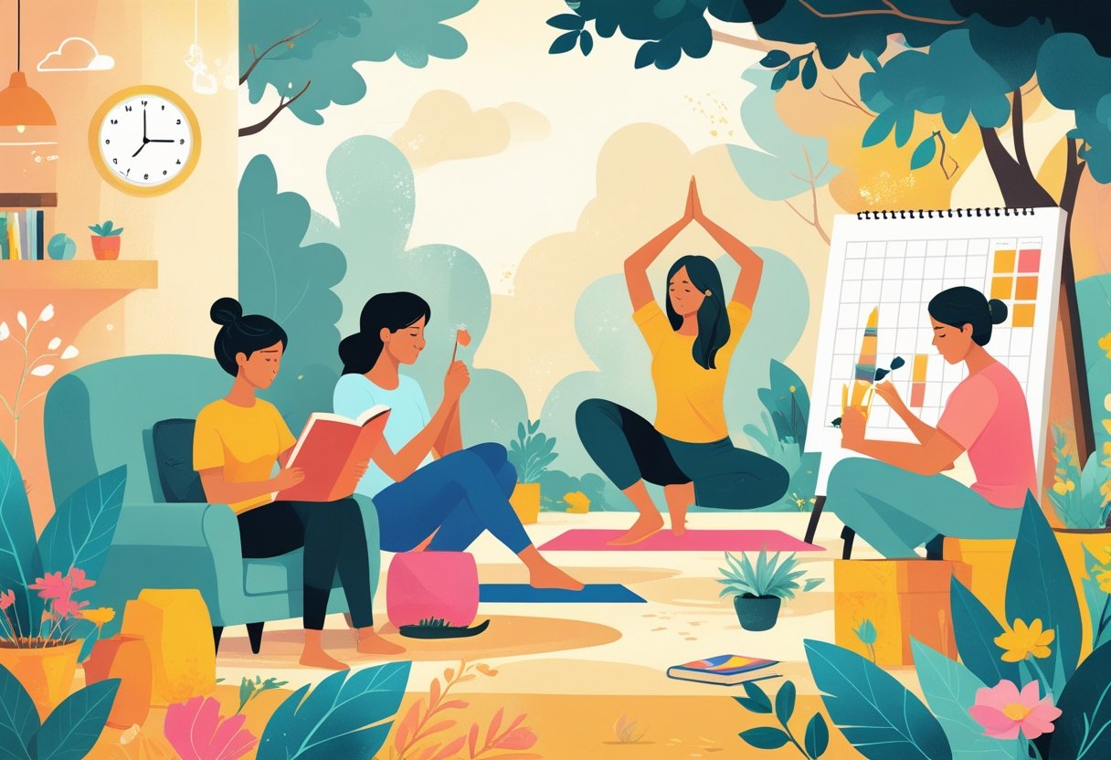 A group of people engaged in different hobbies like reading, yoga, painting, and gardening, with a clock and calendar in the background symbolizing time and lifestyle choices.