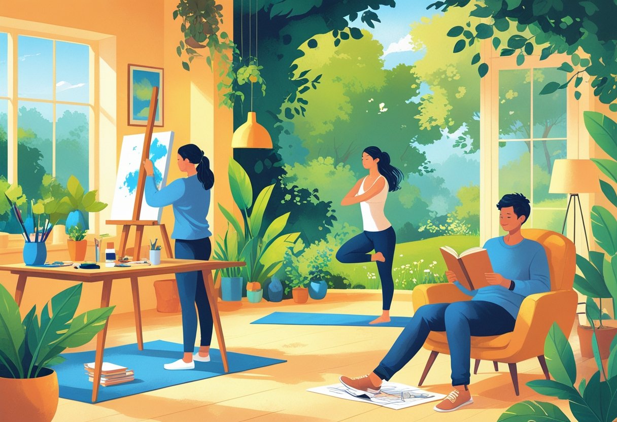People engaging in different hobbies like painting, yoga, model building, and reading in various comfortable indoor and outdoor settings.