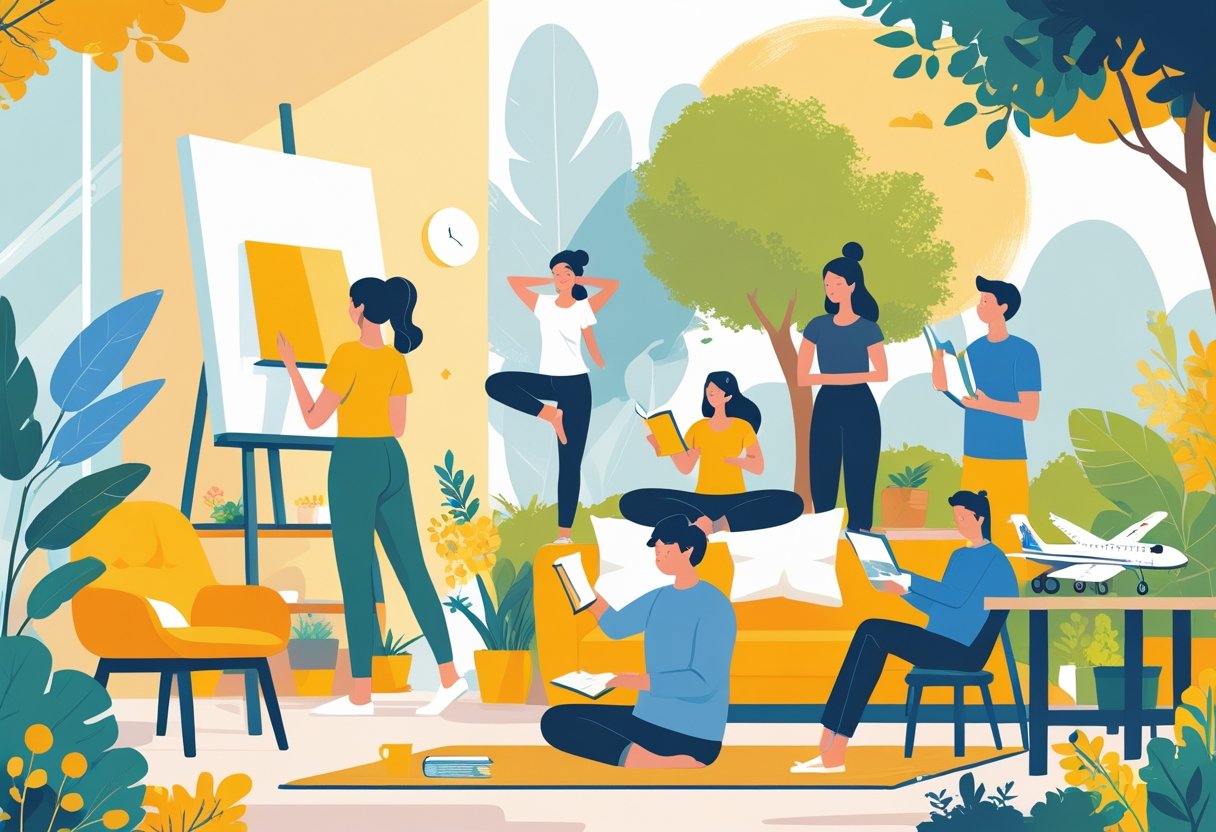 A diverse group of people enjoying different hobbies like painting, yoga, reading, gardening, and model building in indoor and outdoor settings.