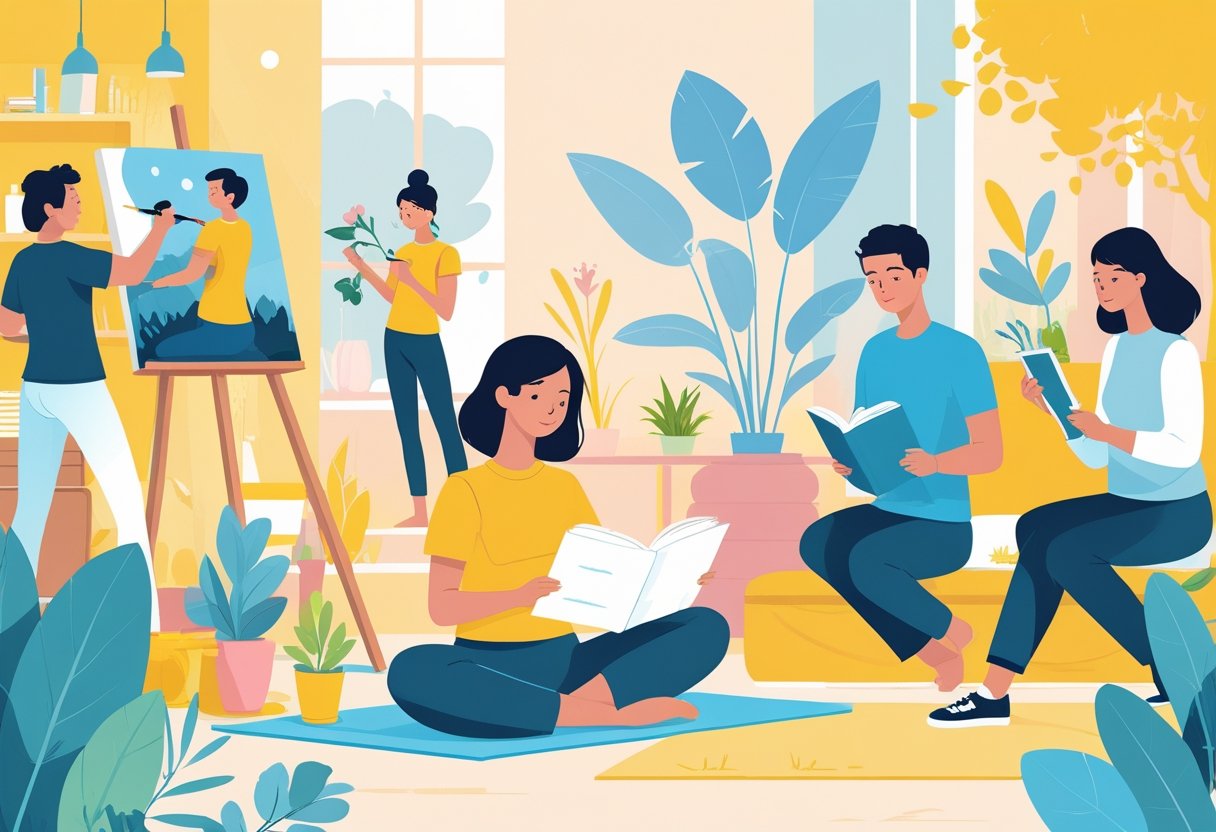 A group of people engaged in different hobbies like painting, yoga, reading, gardening, and playing music in various indoor and outdoor settings.