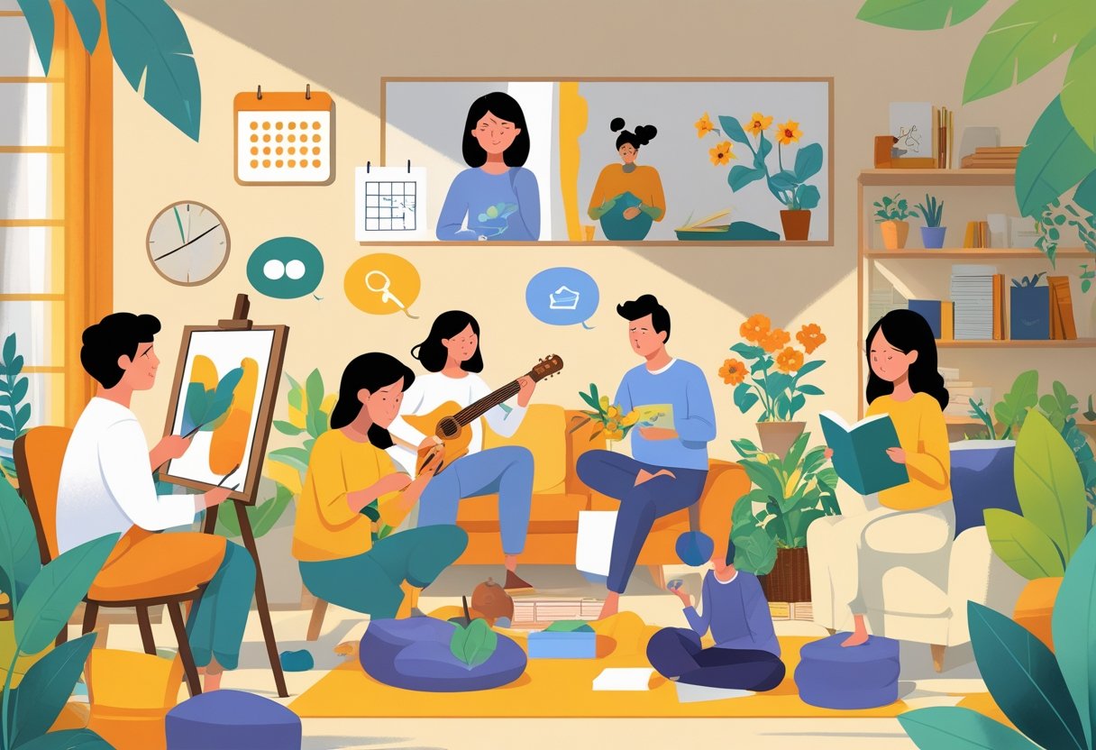 A group of people trying different hobbies like painting, playing guitar, gardening, yoga, and reading in various comfortable home settings.