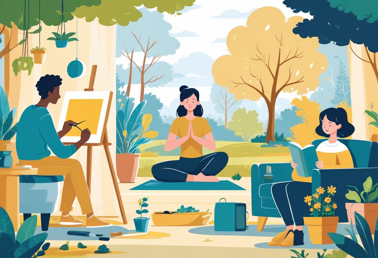 People engaged in different hobbies like painting, yoga, reading, and gardening in indoor and outdoor settings, showing focus and enjoyment.