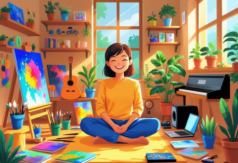 A person sitting cross-legged in a room surrounded by art supplies, musical instruments, plants, books, and hobby items, looking happy and content.