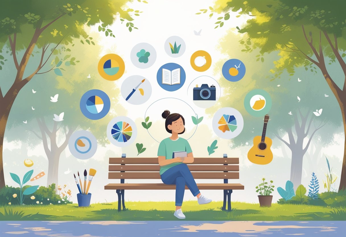 A person sitting on a bench in a park surrounded by objects representing various hobbies like painting, reading, music, photography, gardening, and yoga.