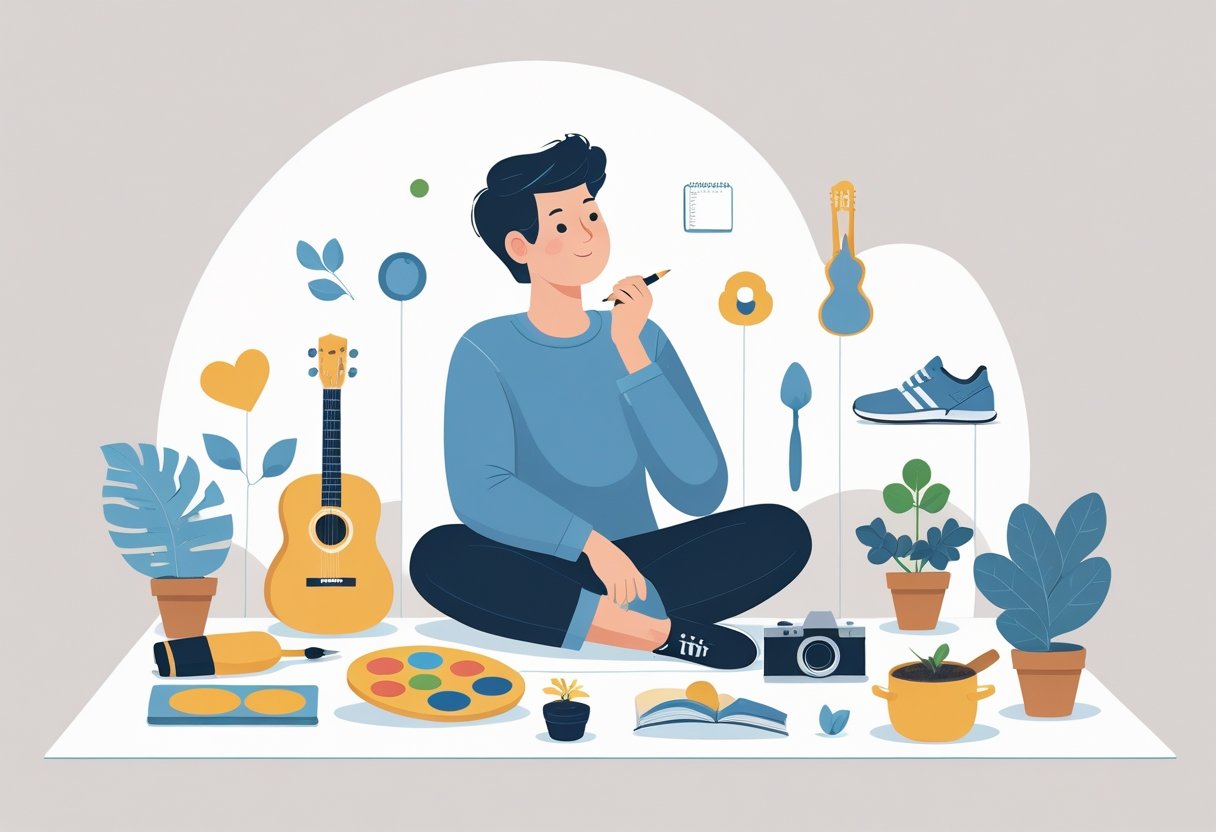 A person sitting at a desk surrounded by various hobby items like a paintbrush, guitar, book, running shoes, camera, cooking pot, and gardening tools, appearing thoughtful and reflective.
