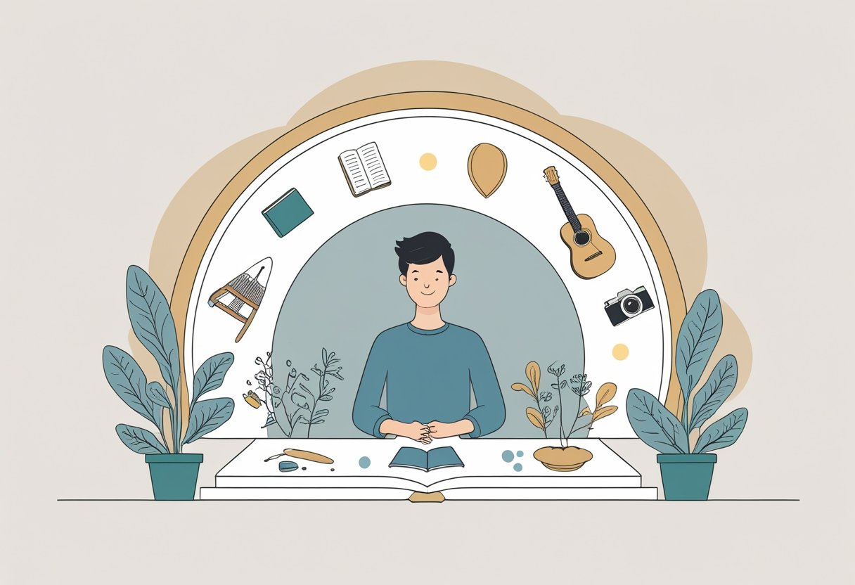 A person surrounded by various hobby items including a paintbrush, book, guitar, camera, plant, knitting needles, and bicycle helmet, representing a balanced number of hobbies.