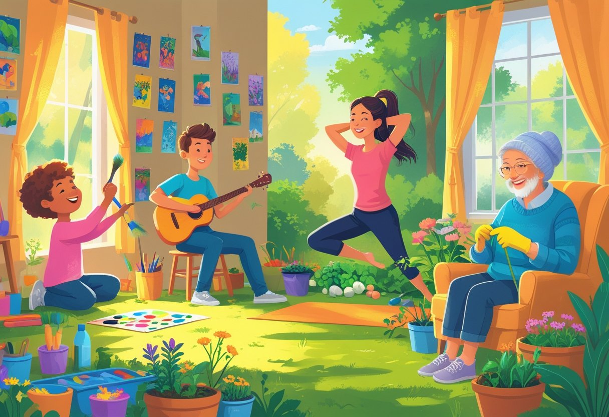 People of different ages engaging in various hobbies including painting, playing guitar, practicing yoga, gardening, and knitting.