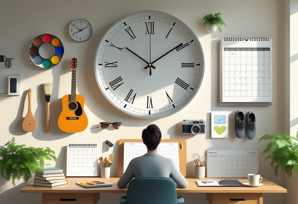 A person sitting at a desk with a planner, surrounded by hobby items including a paintbrush, guitar, book, camera, running shoes, and cooking utensil, with a large clock on the wall.