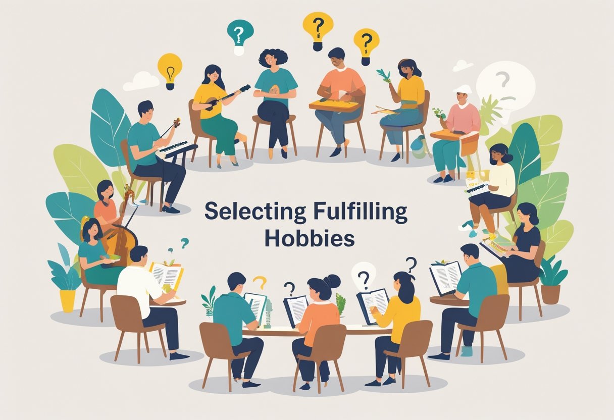 A group of diverse people engaged in different hobbies like painting, music, gardening, reading, and cooking, arranged in a balanced circle, showing thoughtful consideration of how many hobbies to have.