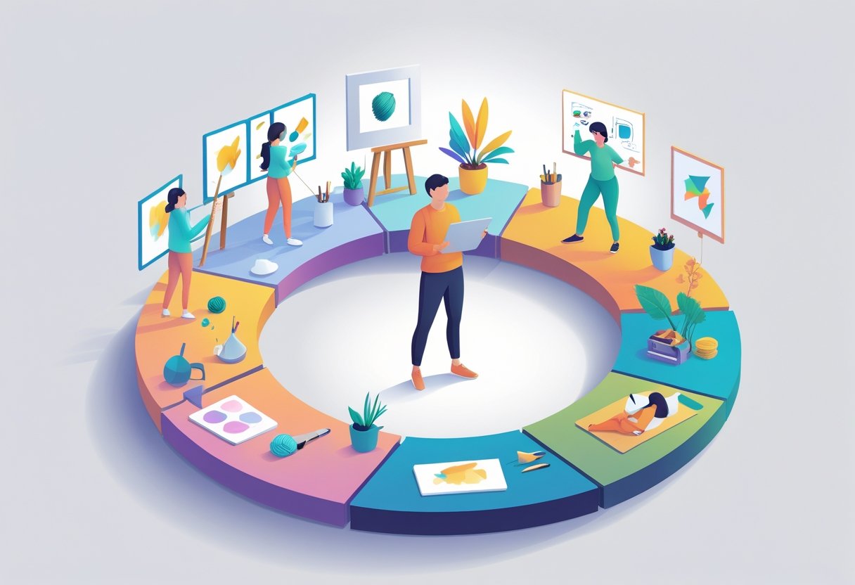 A person surrounded by various hobby items arranged in a circle, showing older and newer hobbies like painting, knitting, digital drawing, yoga, and gardening.