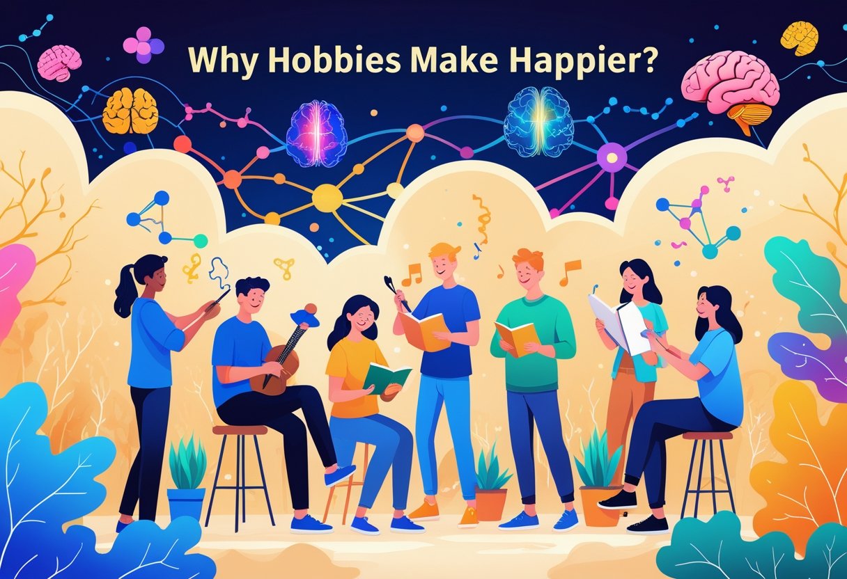 People happily engaged in different hobbies with colorful brain patterns and scientific symbols in the background representing mental well-being.