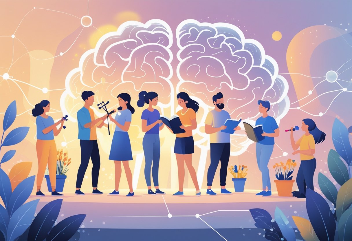 A group of people happily engaging in different hobbies like painting, playing music, gardening, reading, and exercising, surrounded by abstract brain shapes and glowing light effects.