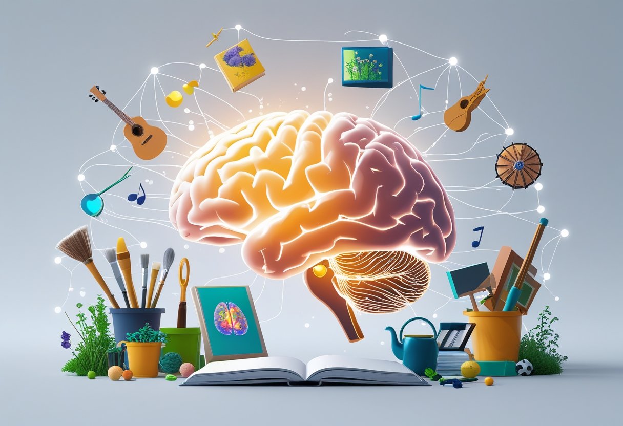 Illustration of a human brain with glowing areas connected to various hobby items like a guitar, paintbrush, book, and plant, symbolizing the link between hobbies and happiness.