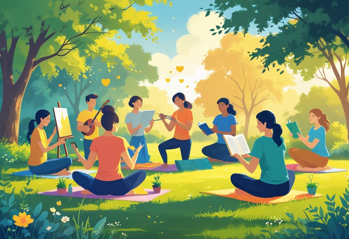 People enjoying different hobbies like painting, playing music, gardening, reading, and doing yoga together in a peaceful park.
