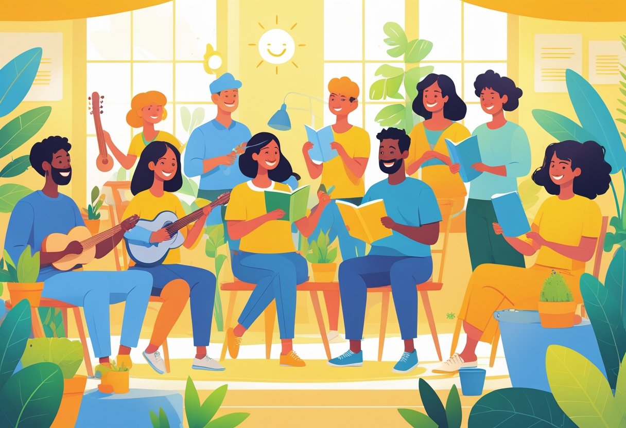 A diverse group of people happily participating in shared hobbies like music, painting, gardening, and reading together in a bright community space.