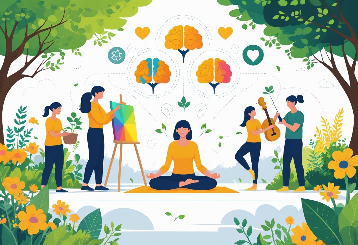People engaging in various hobbies such as gardening, painting, yoga, and playing music, surrounded by nature and symbols representing mental and physical health benefits.