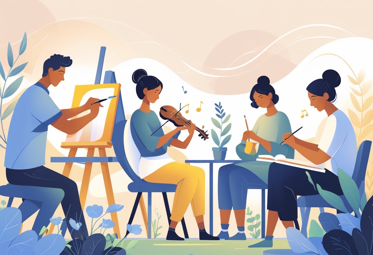 People engaged in different hobbies like painting, playing music, gardening, and writing, each focused and calm.