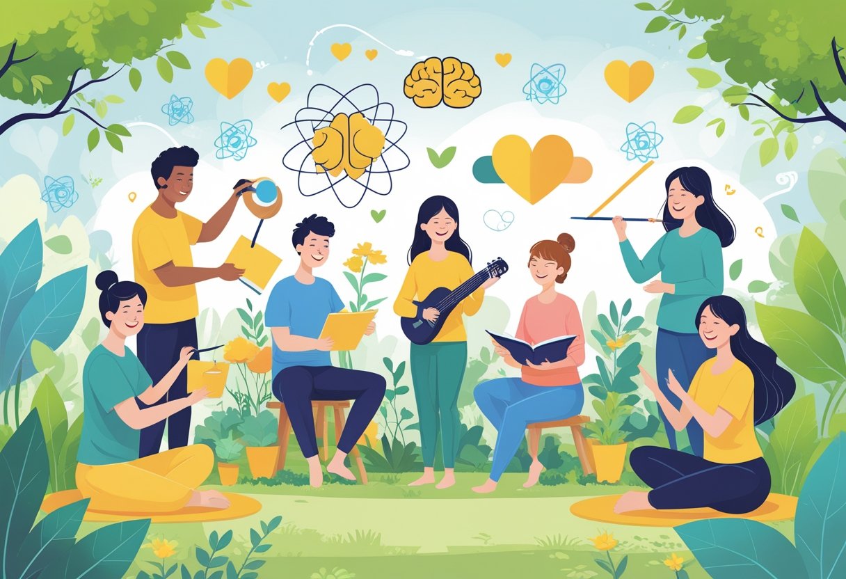 A group of people happily engaged in different hobbies like painting, gardening, playing music, reading, and yoga, surrounded by subtle scientific symbols representing happiness.