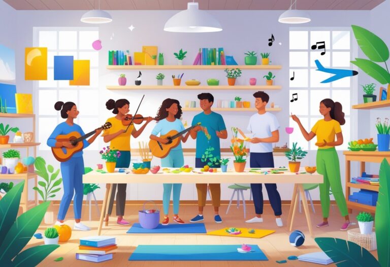 People happily trying different hobbies like painting, playing instruments, gardening, cooking, writing, yoga, and model building in a bright, welcoming space.