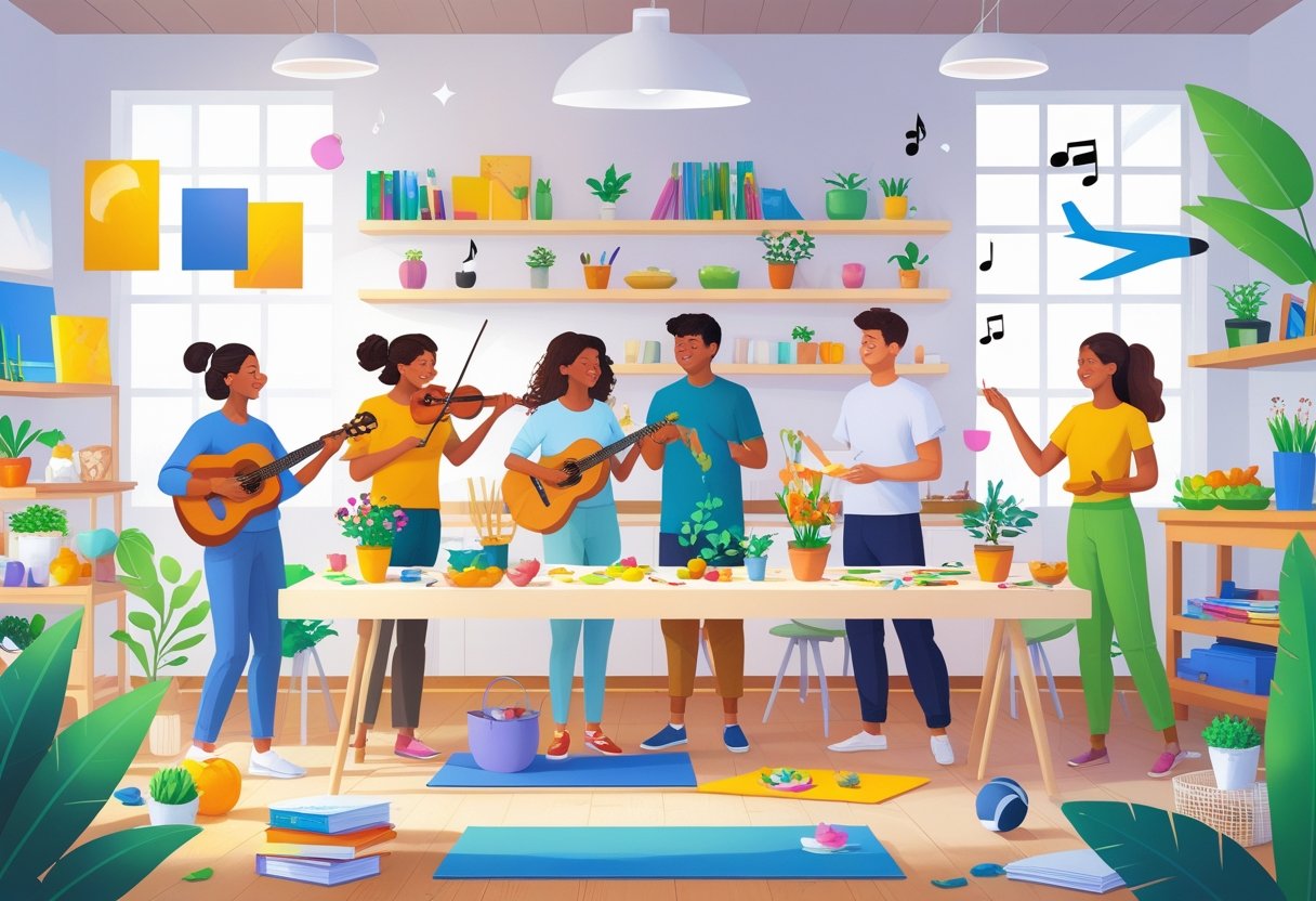 People happily trying different hobbies like painting, playing instruments, gardening, cooking, writing, yoga, and model building in a bright, welcoming space.