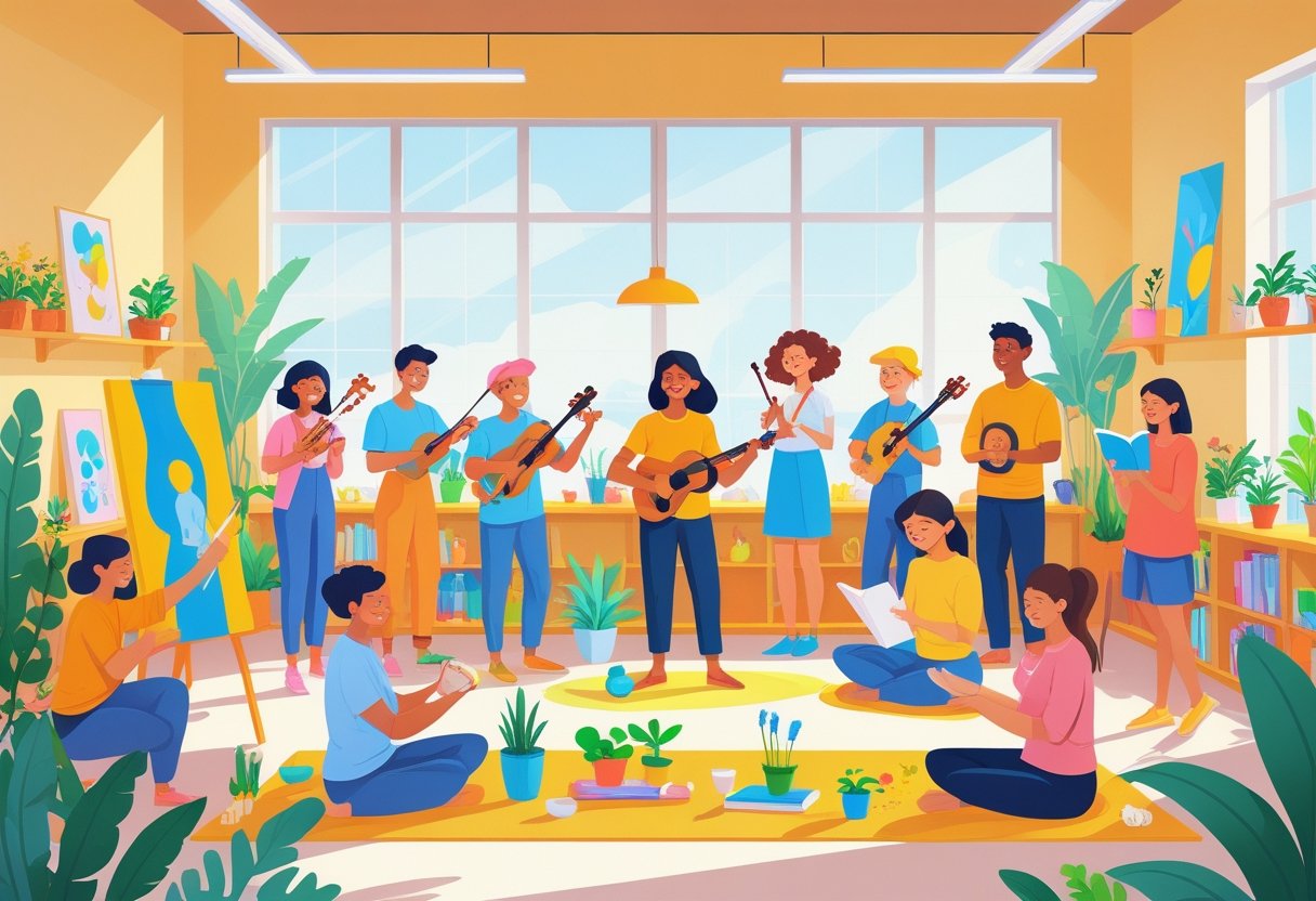 A diverse group of people happily engaged in various hobbies like painting, playing music, gardening, reading, cooking, and yoga in a bright and welcoming community space.