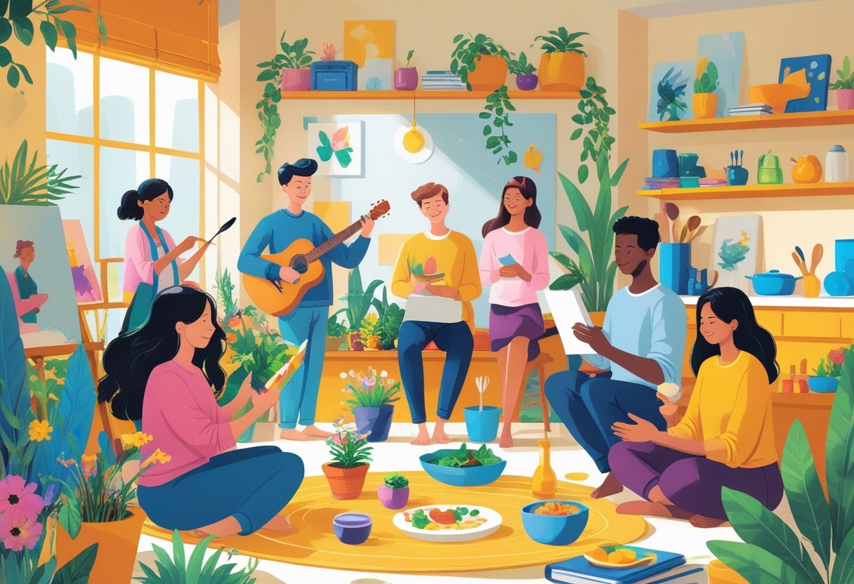 A group of diverse people engaged in various hobbies like painting, playing instruments, gardening, reading, cooking, and practicing yoga in a bright and welcoming space.