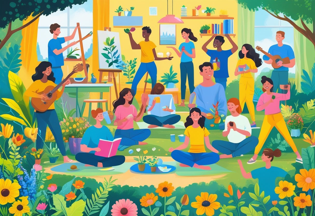 A diverse group of people enjoying various hobbies such as painting, playing music, gardening, cooking, yoga, reading, photography, knitting, cycling, and hiking in a lively outdoor and indoor setting.