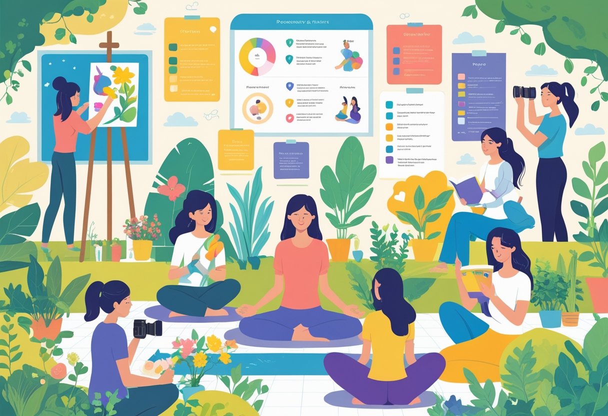 A group of people trying different hobbies like painting, playing guitar, gardening, reading, yoga, cooking, and photography in a bright and welcoming space.