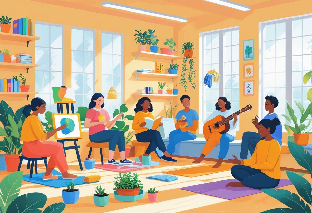 A group of people enjoying different hobbies like painting, knitting, reading, gardening, playing guitar, and doing yoga together in a bright and cozy room.