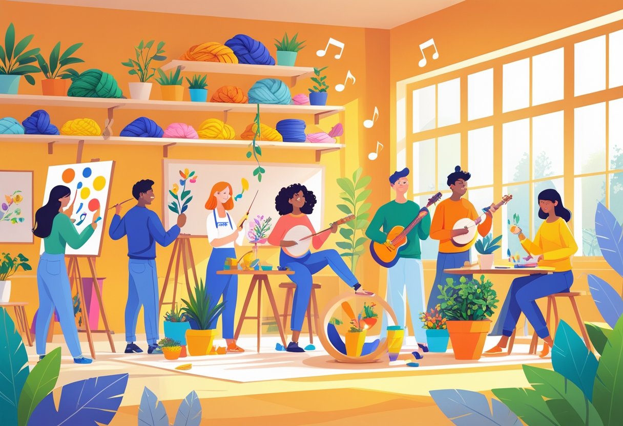 A group of people happily engaging in various hobbies like painting, playing music, gardening, pottery, and reading in a bright, welcoming studio filled with art supplies and plants.