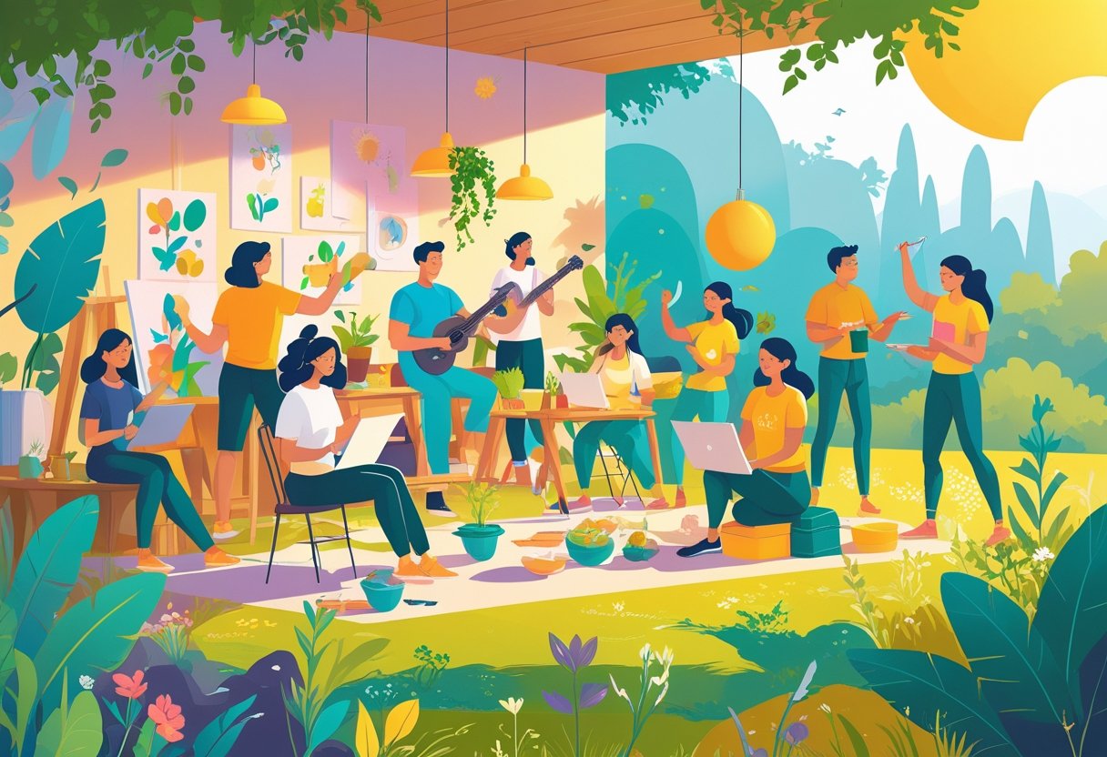 A diverse group of people enjoying different hobbies like painting, playing music, gardening, cooking, writing, hiking, and yoga in a bright and inviting indoor-outdoor space.