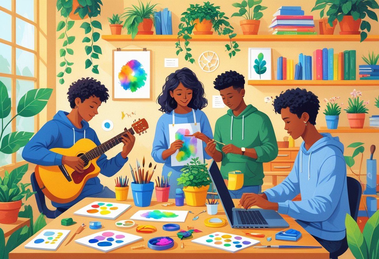 A group of people engaged in beginner hobbies like playing guitar, painting, gardening, woodworking, and coding in a cozy creative studio.