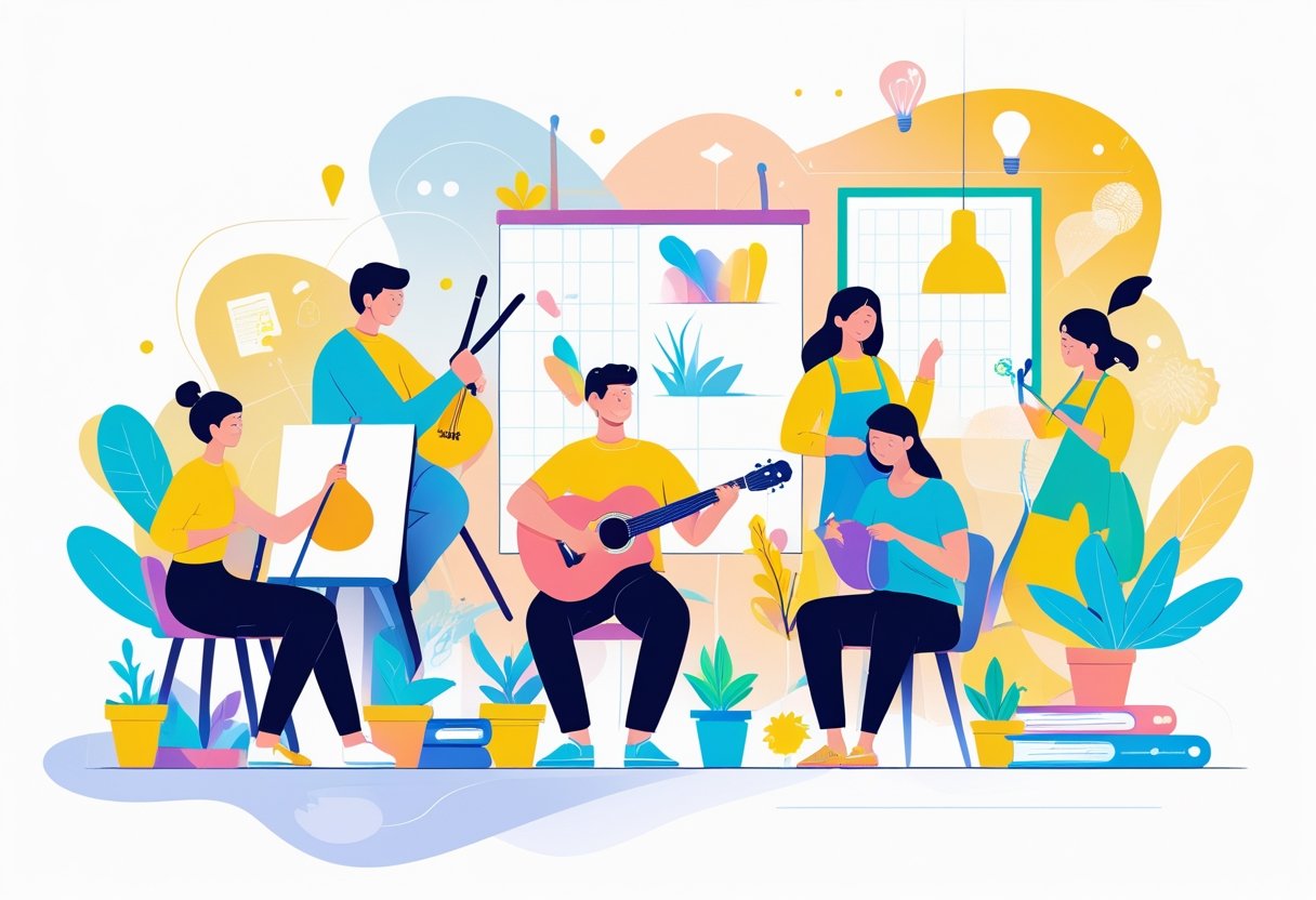 A group of people engaged in beginner hobbies like painting, playing guitar, gardening, and knitting, showing enjoyment and focus.