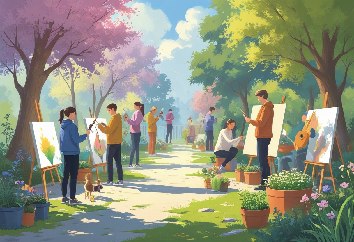 People of different ages engaged in various creative hobbies that grow from simple beginnings to advanced skills, showing painting, music, knitting, and gardening progressing from beginner to expert levels.