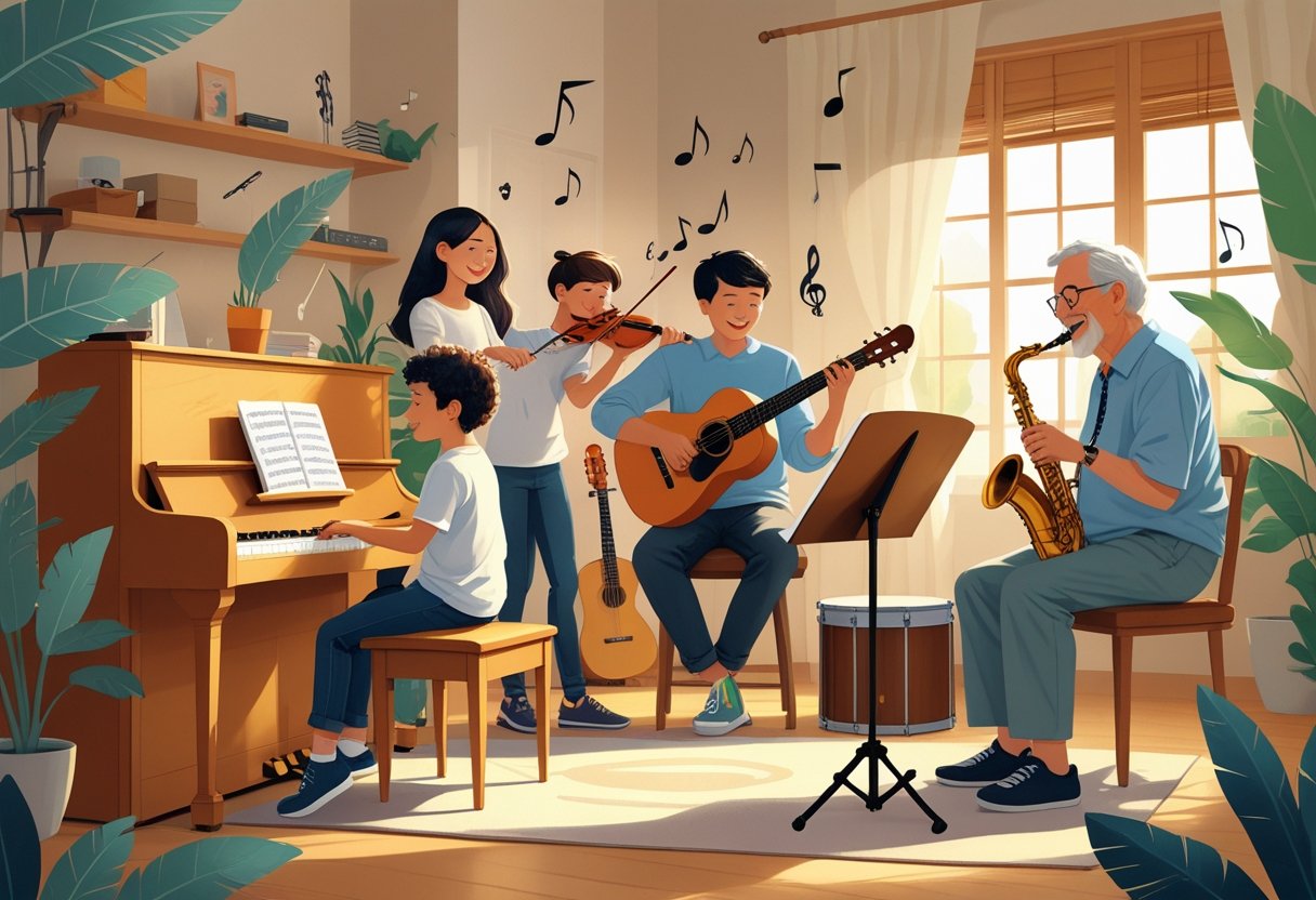People of different ages playing various musical instruments together in a warm, inviting music room.