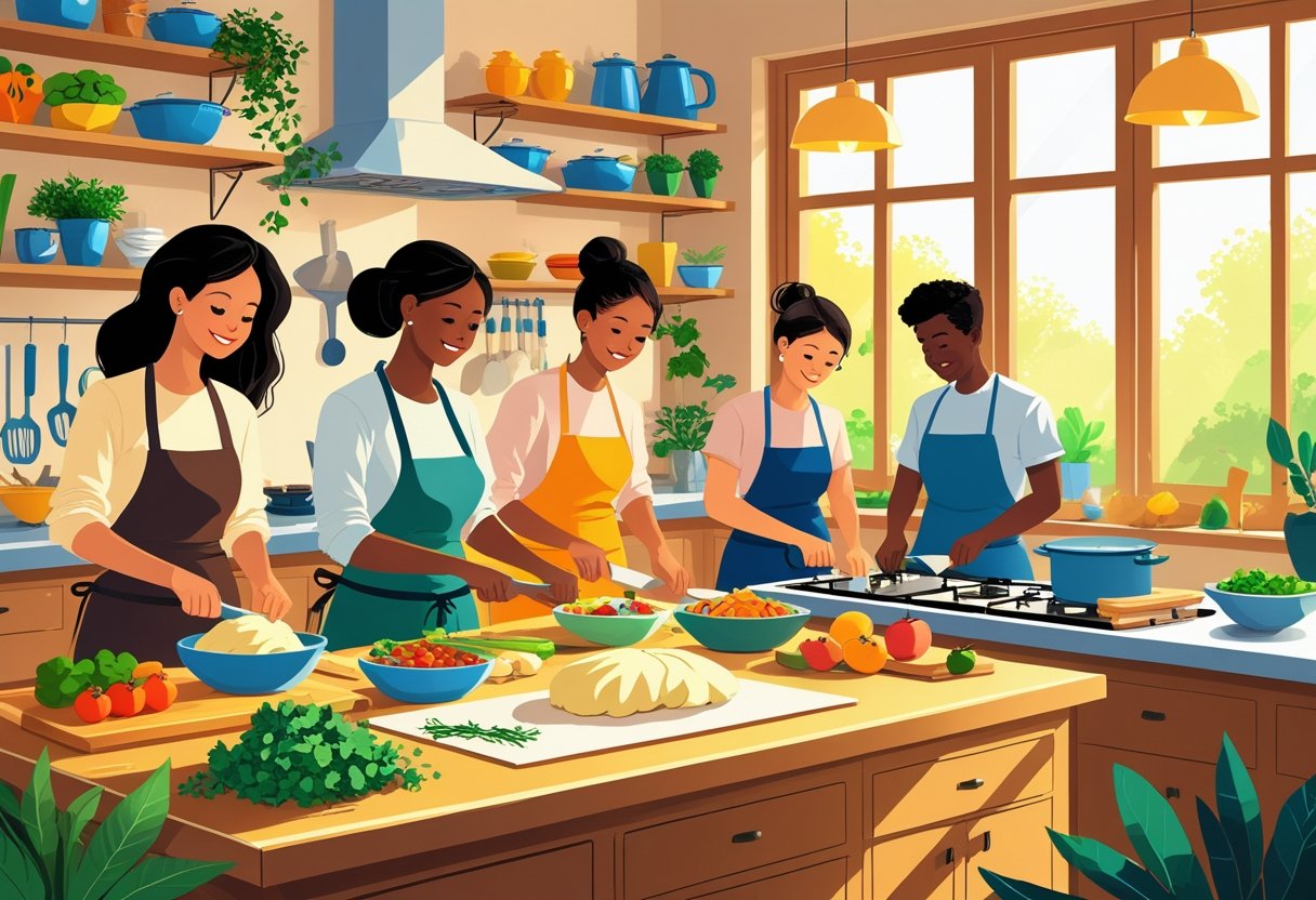 People cooking together in a bright kitchen, preparing food with fresh ingredients and various utensils.