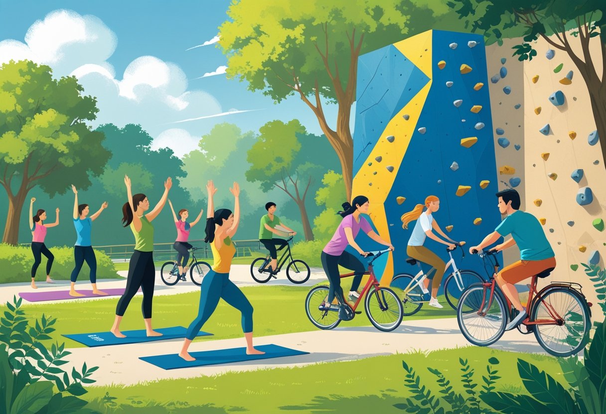 A group of diverse people practicing yoga, rock climbing, cycling, and playing musical instruments in a park and indoor setting, showing beginners engaged in physical and skill-building activities.
