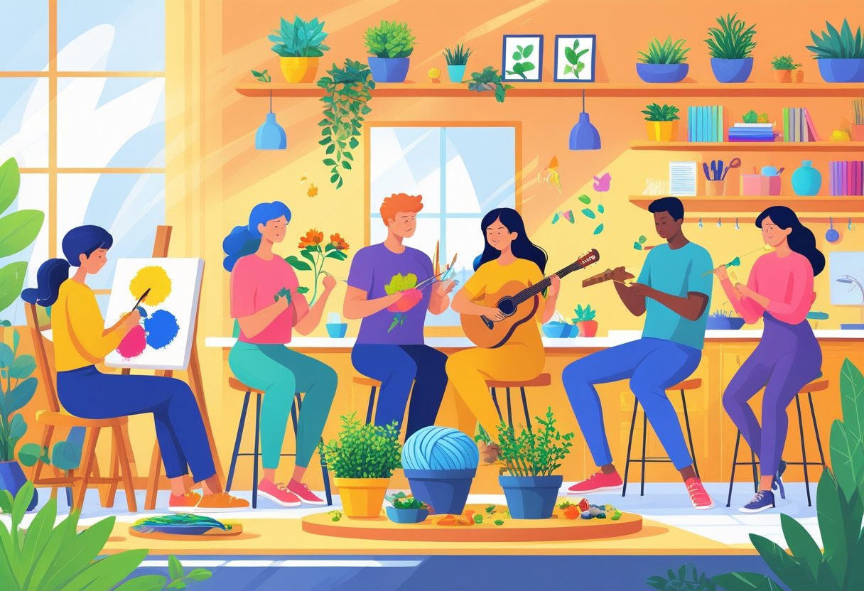 A group of people engaged in beginner hobbies like painting, gardening, knitting, playing guitar, and cooking in a warm, inviting room.