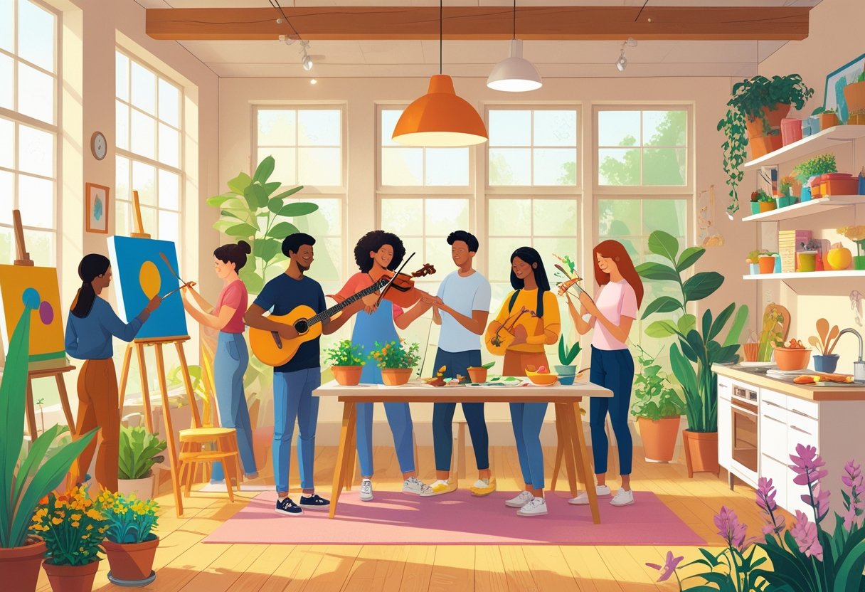 A group of people engaging in various beginner hobbies such as painting, playing musical instruments, gardening, knitting, and cooking in a bright, welcoming community space.