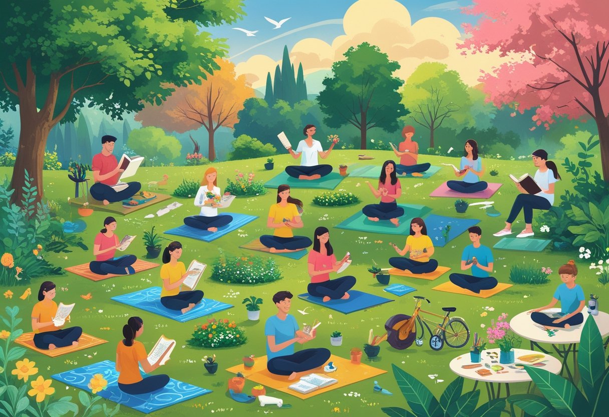 A diverse group of people enjoying various free hobbies like reading, painting, gardening, yoga, birdwatching, playing guitar, writing, cooking, hiking, meditating, sketching, cycling, stargazing, playing games, and flying kites in outdoor and indoor settings.