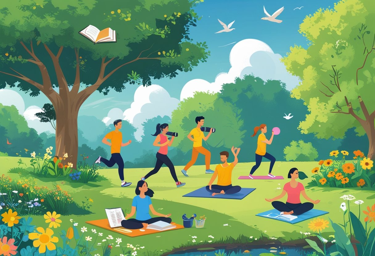 People of different ages enjoying various free hobbies outdoors in a park, including reading, jogging, birdwatching, sketching, yoga, playing frisbee, gardening, and meditating.