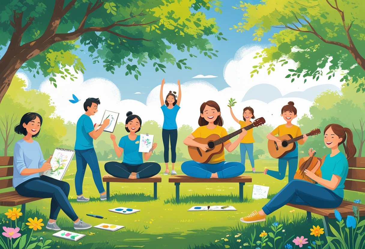 People enjoying various free creative hobbies outdoors, including painting, writing, yoga, playing guitar, gardening, and sketching in a sunny park.