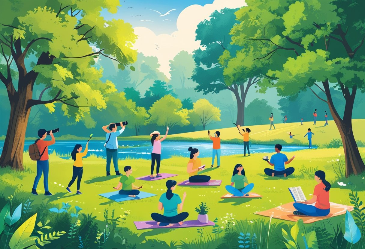 People enjoying free outdoor activities like hiking, birdwatching, yoga, painting, reading, and flying kites in a green park with trees and a river.