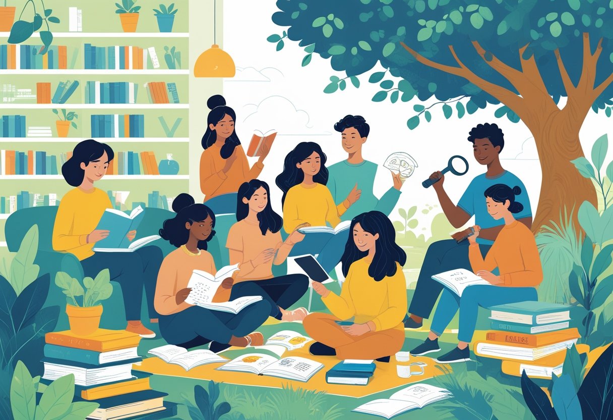 People of various ages and backgrounds engaging in free hobbies like reading, meditating, drawing, discussing, and exploring nature in a bright and welcoming environment.