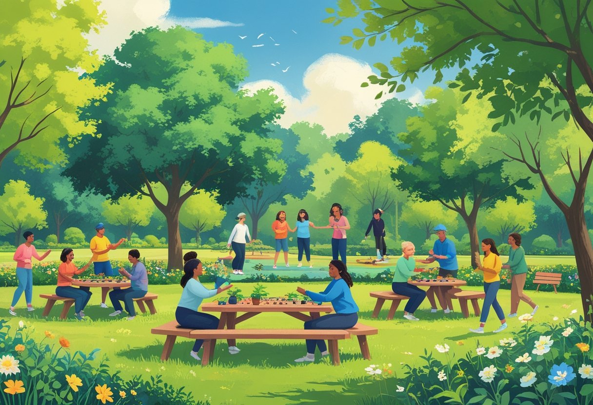 A diverse group of people enjoying various outdoor community hobbies together in a park, including gardening, playing games, doing yoga, and volunteering.