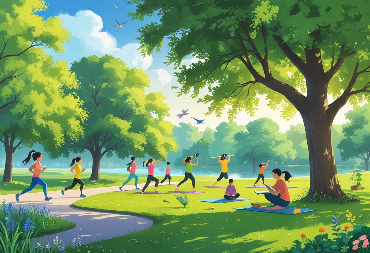 People enjoying various free hobbies outdoors including jogging, reading, yoga, birdwatching, kite flying, sketching, and gardening in a sunny park.