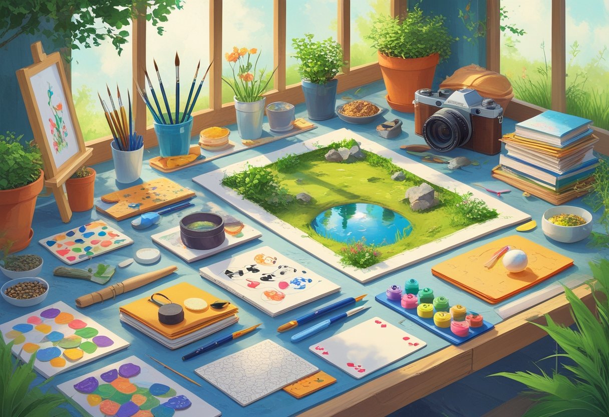 A colorful scene showing various affordable hobbies including painting, knitting, gardening, fishing, drawing, photography, reading, cooking, writing, yoga, chess, playing cards, music, origami, cycling gear, bird feeding, puzzles, model building, juggling, tarot cards, calligraphy, rock collecting, coin collecting, sewing, meditation, doodling, and language learning.